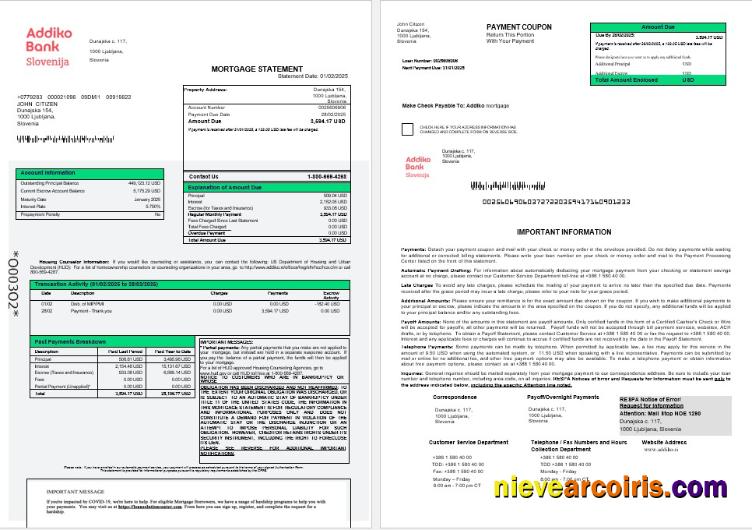 Slovenia Addiko bank mortgage statement 1-2
